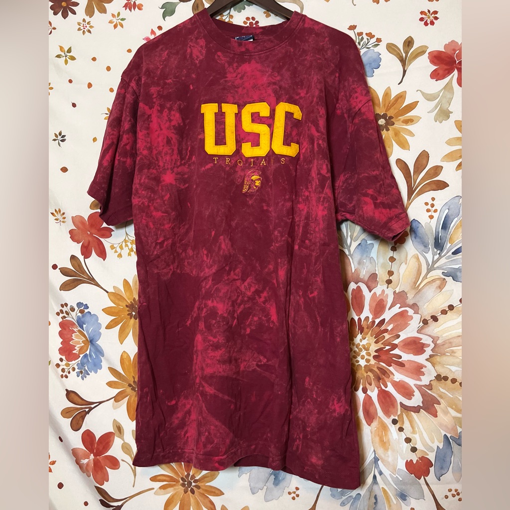 Vtg Usc Southern California Trojans 2x Bleach Dye Red Upcycle Embroidered Tee